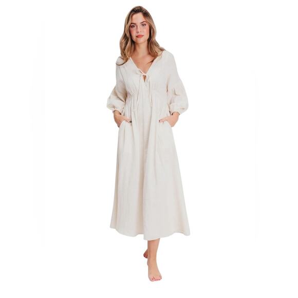 New Worth Collective Plus Size 3X Linen Chic Cream Midi Dress with Pockets Flowy - Picture 1 of 12